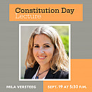 Image of speaker Mila Versteeg. Text: Constitution Day Lecture, Sept 19 at 5:30 p.m.